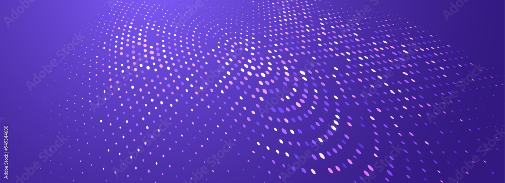 Poster purple glowing dotted texture. abstract dot grid wallpaper. navy curved halftone pattern backdrop. v