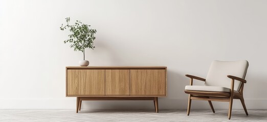 A modern wooden cabinet with white chair and green plant in a white minimalist room.