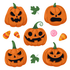 Vector set of different halloween pumpkins, leaves and corn candies. Jack-o-lanterns. Stickers, characters, different emotions. 