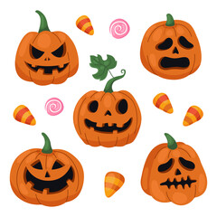 Vector set of different halloween pumpkins and corn candies. Jack-o-lanterns. Stickers, characters, different emotions. 