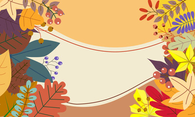 Trendy modern art style abstract autumn poster or cover with bright beautiful leaves and plants. Fall background, web banner, or flyer design. Template for advertising, print, packaging, social media