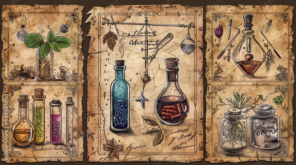 Poster A book with various objects and notes scattered across its pages