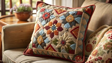 Vintage pillow handmade in patchwork style.Applique and embroidery in patchwork.Beautiful needlework in the interior of your home.Textile decoration