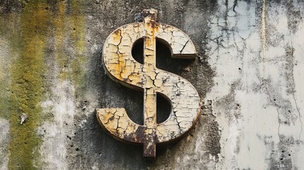 Rusty dollar sign on decayed wall symbolizing financial decline