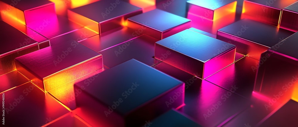 Poster abstract geometric patterns with vibrant neon gradients, creating a futuristic and dynamic aesthetic