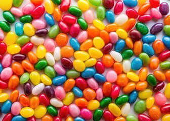 Obraz premium Vibrant assorted jelly beans scattered randomly on a bright white background, creating a colorful and playful texture, perfect for designs requiring a fun and whimsical atmosphere.