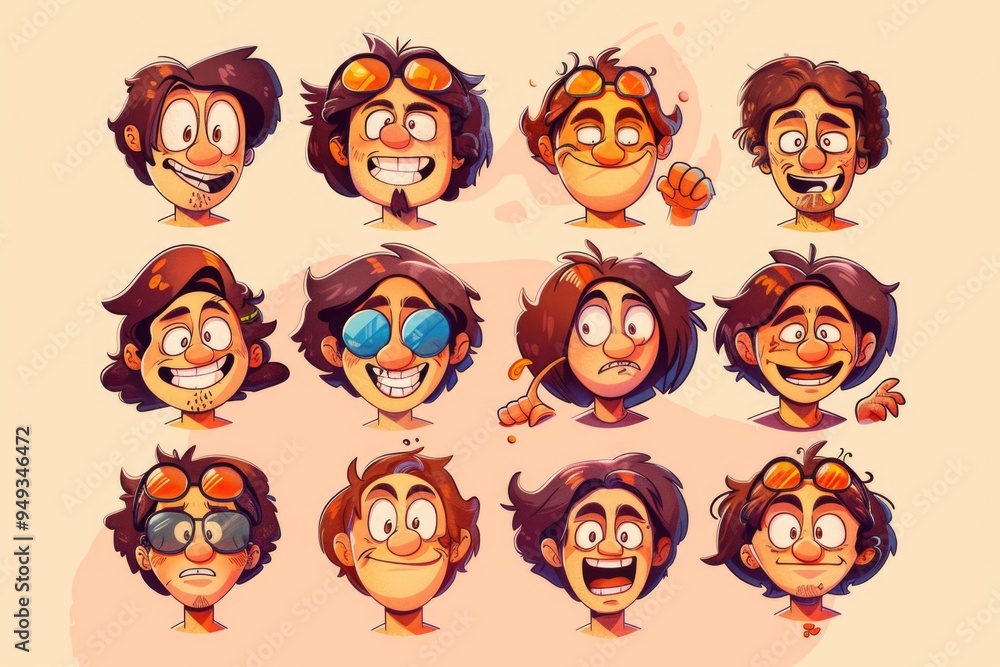 Poster A collection of cartoon characters with various facial expressions, ideal for illustrating emotions and moods