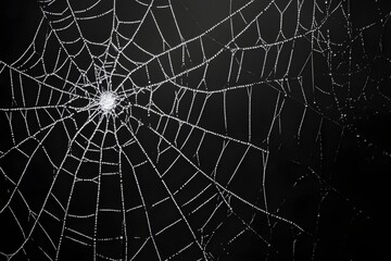 Creepy white spider web of wild spider with tiny drops of water shining in light on black background. Scary cobweb for Halloween party. Closeup backdrop with copy space