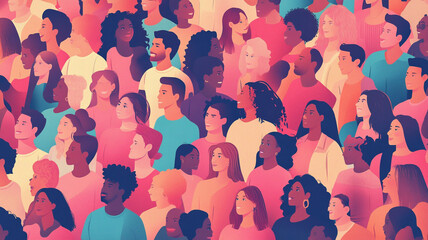 Diverse crowd illustration showcasing people of different ethnicities and gender expressions in a vibrant and colorful setting