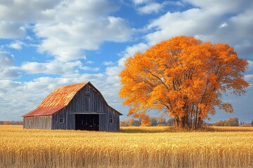 Fototapeta premium Old barn surrounded by golden wheat