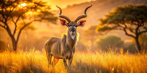 In the savannah, a kudu's horns and coat shimmer, basking in sun-kissed warmth, while smoke drifts tranquilly from a distant acacia, casting a serene atmosphere.