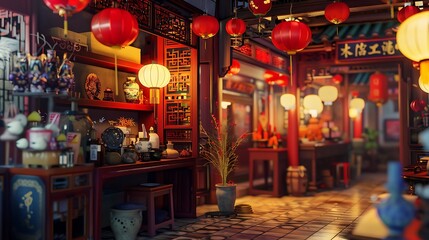 Obraz premium Pawn shop during lunar new year celebration red lanterns and festive decorations The shop is filled with traditional items rare antiques and cultural artifacts adding to the celebratory atmosphere