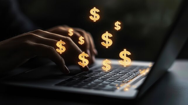 A person typing on a laptop with floating dollar signs, symbolizing online business, finance, and digital earning opportunities.