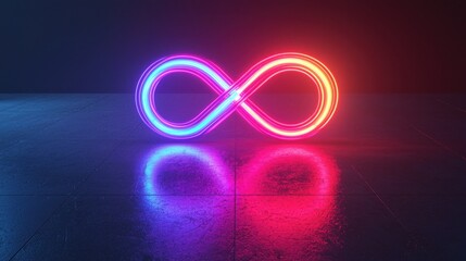 A vibrant neon infinity symbol glowing in pink and blue, reflecting on a dark surface, symbolizing endless possibilities and concepts.