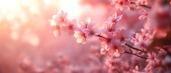 Obraz premium Pink cherry blossoms in bloom, soft light, spring