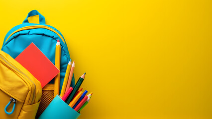 Fototapeta premium A Backpack with a clock and school Supplies yellow background. Back to school concept. Welcome back to school poster or background design with school equipment's, AI Generated