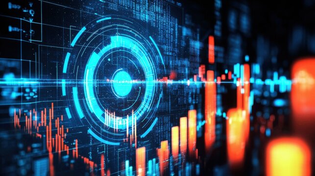 Futuristic data visualization with glowing charts and graphs in vibrant colors, perfect for analytics and technology themes.