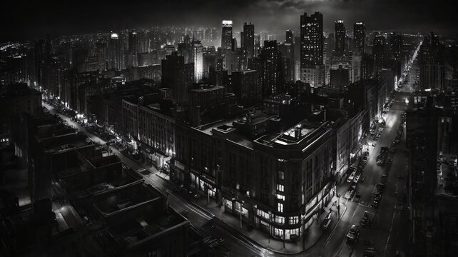 Fototapeta Noir style of a city night from above in black and white