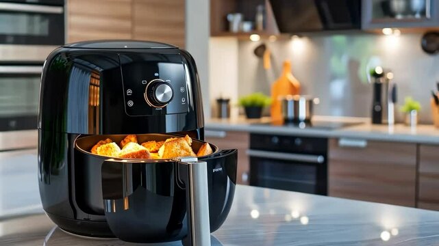 Cooking delicious golden-brown potatoes in an air fryer in a modern kitchen