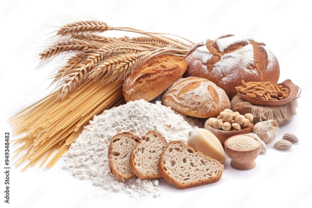 Poster a display of various types of bread, including nut-based options, arranged on a table