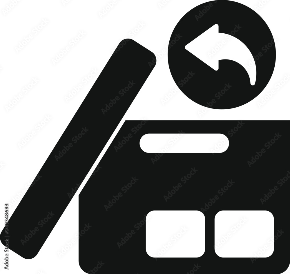 Poster black glyph icon for a returned product, depicted by an open cardboard box with a return arrow