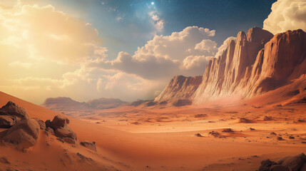 Naklejka premium Imaginative Desert Scene with Realistic and Futuristic Elements Creating a Surreal Landscape