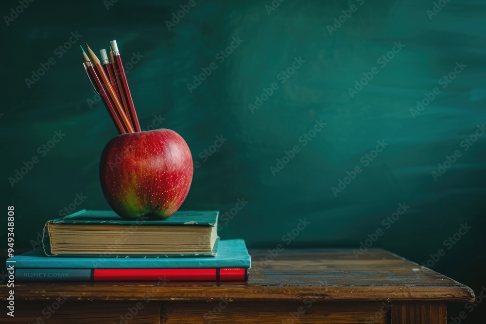 Poster A still life image of an apple sitting on top of a stack of books, perfect for use in educational or editorial contexts