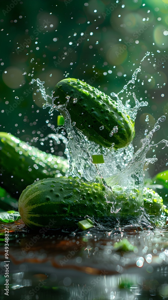 Poster fresh green cucumbers splash in a burst of water, creating a vibrant and refreshing image.