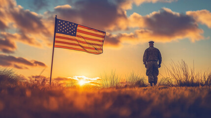 Soldier Holding American Flag Against Sunrise, Reflecting Patriotism and Honor
