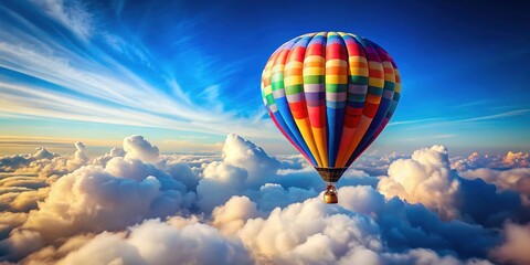 Obraz premium Vibrant colorful hot air balloon soars above fluffy white clouds, set against a bright blue sky with subtle gradient and soft, dreamy focus.