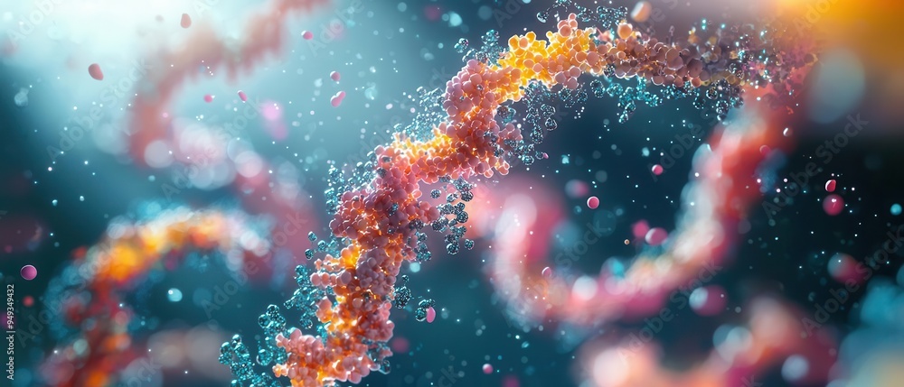 Poster abstract image of molecules and particles, showcasing vibrant colors and dynamic movement in a scien