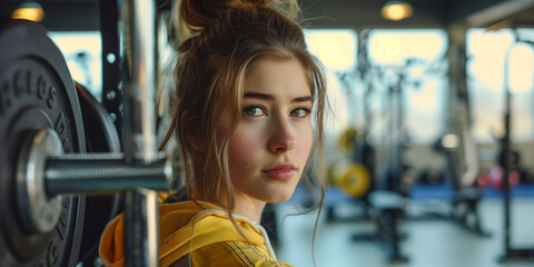 Obraz premium A woman with a ponytail is standing in front of a weight rack