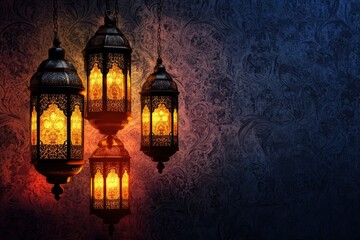 Obraz premium Islamic pattern background with hanging lanterns with generative ai