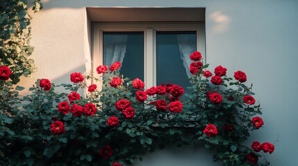 Naklejka premium Red roses in full bloom outside the minimalist window, Ai generated Images