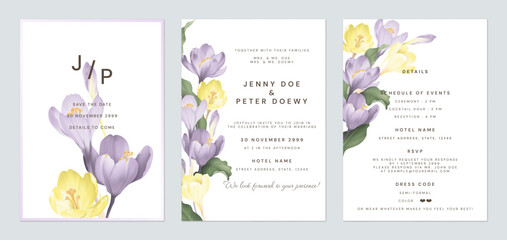 Wedding invitation template set, colorful Crocus flowers on white background