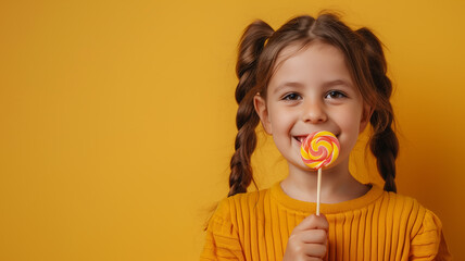 A young girl is holding a lollipop and smiling