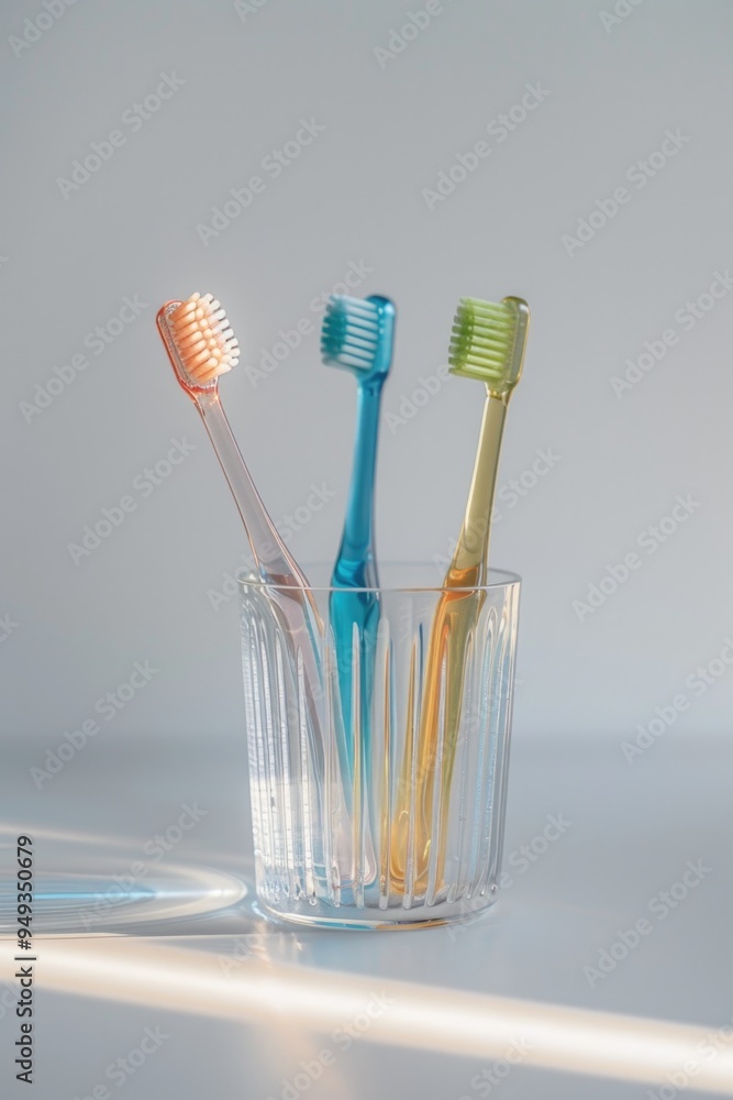 Poster Three toothbrushes placed in a glass on a table, often used for displaying or storing