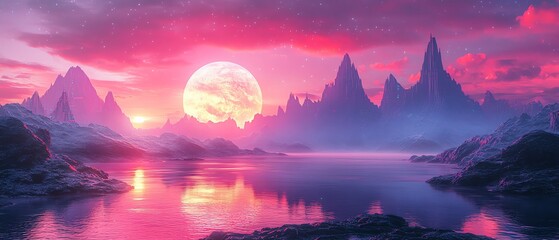 Pink sky over a mystical lake with a full moon and mountains.