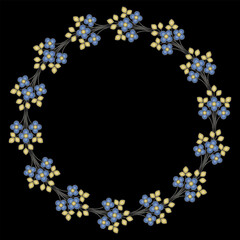 Circular floral frame. Round botanical border. Wreath of blooming branches in a ring. Folk style. On black background.