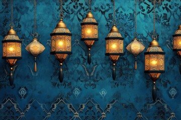 Islamic pattern background with hanging lanterns with generative ai