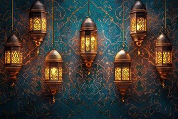 Islamic pattern background with hanging lanterns with generative ai