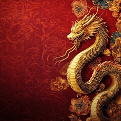 Obraz premium An artistic depiction of a majestic dragon against a vibrant red background, symbolizing power and good fortune.
