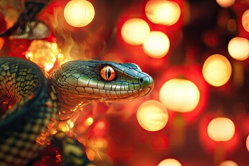 Fototapeta premium Close-up of a vibrant snake with striking colors against a background of warm, glowing lights, creating a captivating atmosphere.