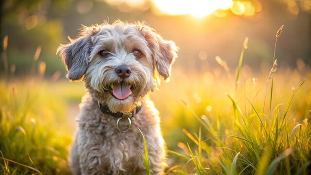 Morning light bathes the schnoodle's mixed-breed features, highlighting the warm golden tones and subtle gray undertones as it explores the dewy meadow with a playful, lolling tongue.