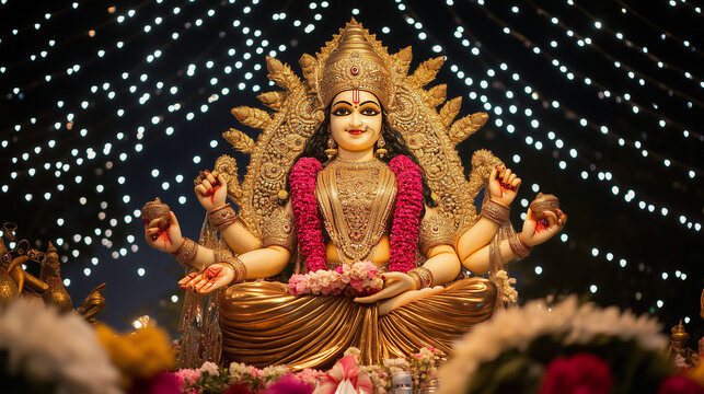 Navaratri celebration, Lord Durga in the form of a big idol with gold and silver ornaments, in the middle of the stage decorated with fresh flowers, twinkling lights in the background