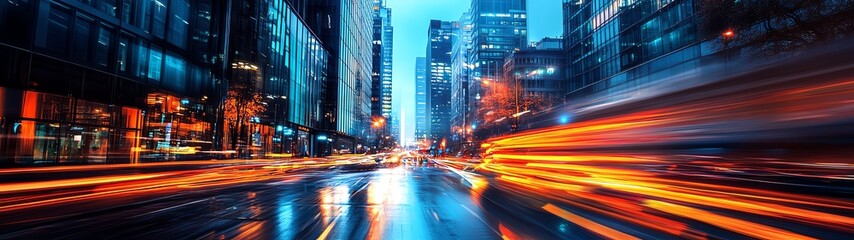 Fototapeta premium City street with long exposure light trails, showcasing urban speed and energy.