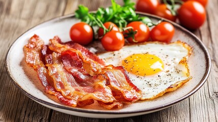 A Plate of Bacon, Eggs, and Tomatoes Arranged on a Wooden Table, Showcasing a Classic Breakfast Spread with Fresh and Savory Ingredients. 