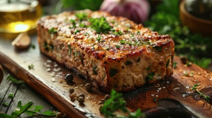 A tantalizing image of a sliced roasted meat, garnished with spices and fresh herbs,