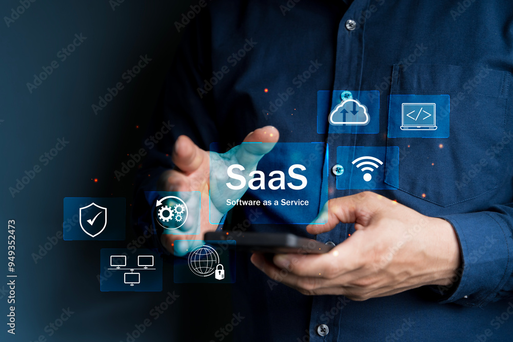 Poster saas concept, software as a service, a man types smartphone with digital icons representing various 