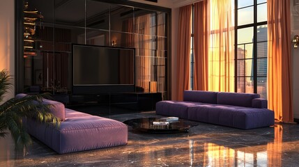 Elegant decor with a violet modular sofa, black TV wall, and stone floors under rust drapes.